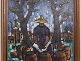 une peinture à l'huile représentant un homme assis sur un banc devant un arbre