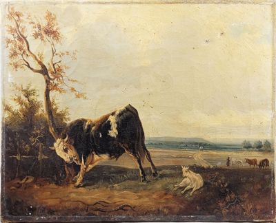 painting of a cow and a dog in a field by a tree