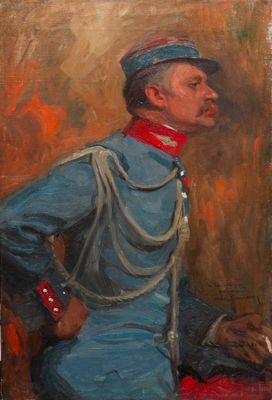 tableau représentant un homme en uniforme bleu assis sur une chaise rouge