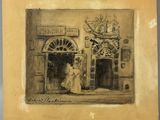 an old drawing of a woman standing in front of a building
