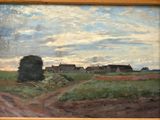 an oil painting of a farm scene with a dirt road in the foreground