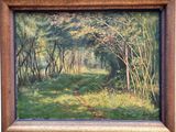 an oil painting of a path through a forest with trees
