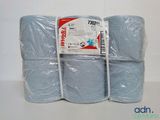 four rolls of blue toilet paper wrapped in plastic wrap on a table