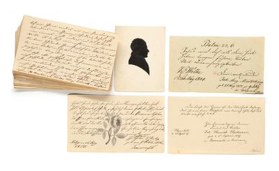 four pieces of old paper with handwriting and a picture of a man ' s profile