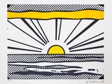 a black and white drawing of a sun over a body of water
