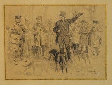 dessin représentant un dessin d'un homme avec un chien devant un groupe d'hommes