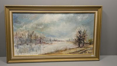 une peinture d'un paysage enneigé avec des arbres au premier plan