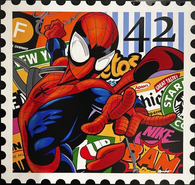 spider - man on a postage stamp with stickers on it