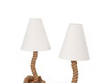 pair of rope lamps with white shades on a white background