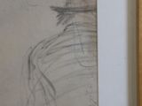 an old drawing of a woman with a hat and a dress