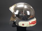 a silver helmet with a red stripe on it