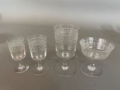 several empty wine glasses are lined up on a table