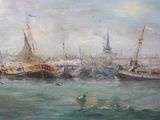a painting of boats in the water near a pier