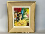 painting of a woman in a yellow dress holding a bouquet of flowers