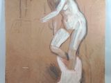 an image of a painting of a woman standing on top of a cat