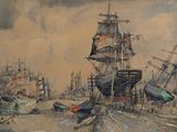 a painting of a harbor scene with ships in the water