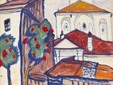 dessin représentant un tableau d'une église avec un arbre devant