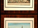 two framed pictures of a view of a city with a clock tower