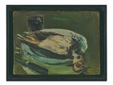 une peinture représentant un canard sur une assiette, avec un verre