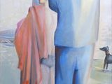 un tableau représentant deux personnes et un chien sur la plage