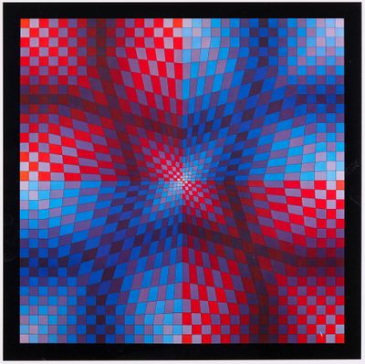 un tableau représentant un motif à carreaux rouges et bleus, encadré de noir