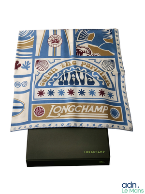 a blue and white scarf with a design on it