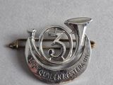 a silver brooch with a horn and a hammer on it