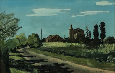 une peinture à l'huile représentant une route de campagne avec une église au loin