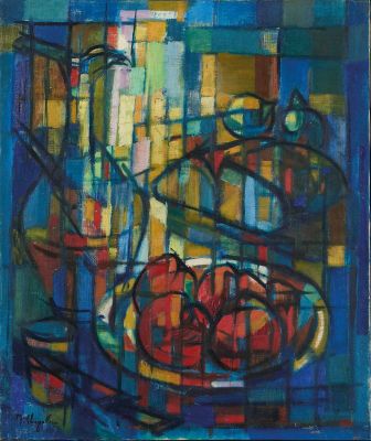 une peinture à l'huile représentant une assiette de tomates posée sur une table