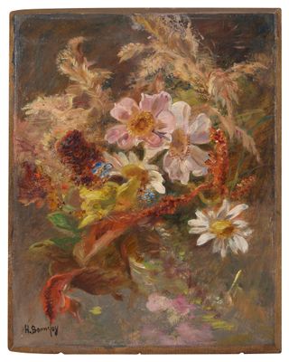 an oil painting of flowers in a vase on a table