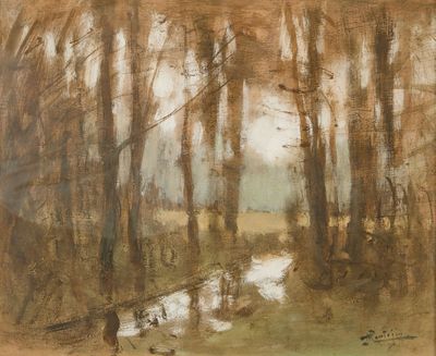 une image représentant un tableau où l'on voit des arbres et un ruisseau dans un champ