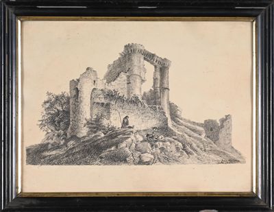 un vieux dessin représentant un château, dans un cadre noir sur fond blanc