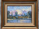 une peinture à l'huile représentant un coucher de soleil sur une rivière, avec des arbres au premier plan