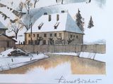 a picture of a drawing of a house in the snow