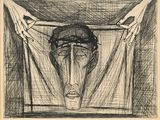 une image représentant le dessin du visage d'un homme, les mains posées sur la tête