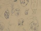 many sketches of people with hats and scarves on their heads