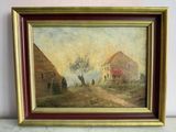 an oil painting of a farm scene in a gold frame
