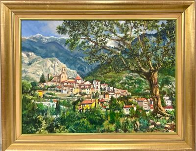 une peinture à l'huile représentant un village de montagne avec un arbre au premier plan