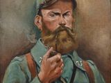 tableau représentant un homme en uniforme fumant la pipe et tenant une pipe
