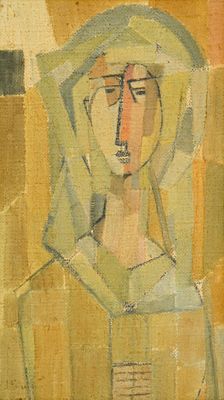 une peinture à l'huile représentant une femme coiffée d'une capuche