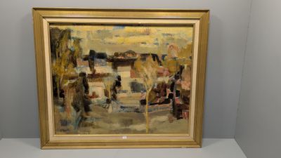 une image représentant un tableau représentant une scène urbaine, dans un cadre doré