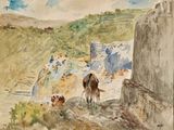 une aquarelle représentant une vache debout sur une colline