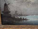 painting of a windmill by a body of water with a boat in the background