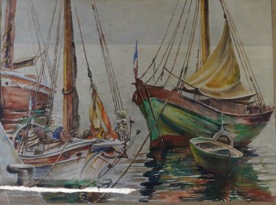 a picture of a painting of boats in the water