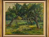 une image représentant un tableau montrant des arbres dans un champ avec un chien
