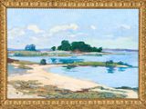une image représentant un tableau d'une plage avec un bateau dans l'eau