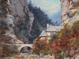 une peinture à l'huile représentant une rivière qui coule au cœur d'une gorge rocheuse