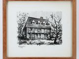 a black and white drawing of a house in a wood frame