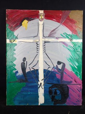 a picture of a painting of a person on a cross