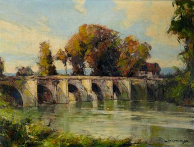 tableau représentant un pont au-dessus d'une rivière, avec des arbres en arrière-plan